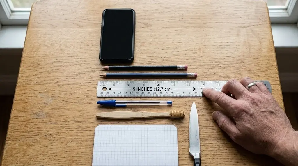 Everyday objects arranged on a wooden desk next to a metal ruler highlighting a 5-inch (12.7 cm) measurement