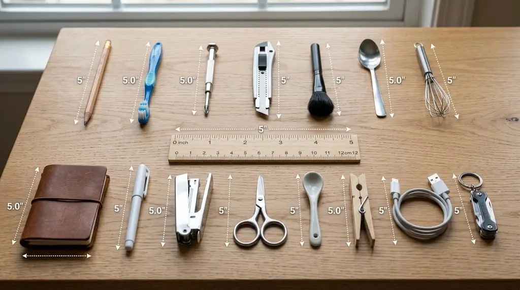 Fifteen 5-inch everyday objects, including a pencil, toothbrush, and small notebook, arranged around a central ruler on a wooden surface with measurement markings.