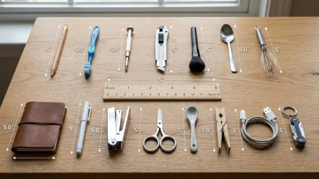 Fifteen 5-inch everyday objects, including a pencil, toothbrush, and small notebook, arranged around a central ruler on a wooden surface with measurement markings.