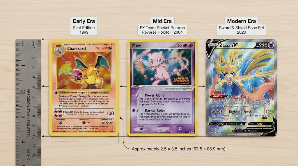 How Big Is a Pokemon Card? (Exact Size, Explained Simply) 4 Historical size comparison of Early Era, Mid Era, and Modern Era Pokémon cards showing consistent 2.5 × 3.5 inch dimensions next to a metal ruler.