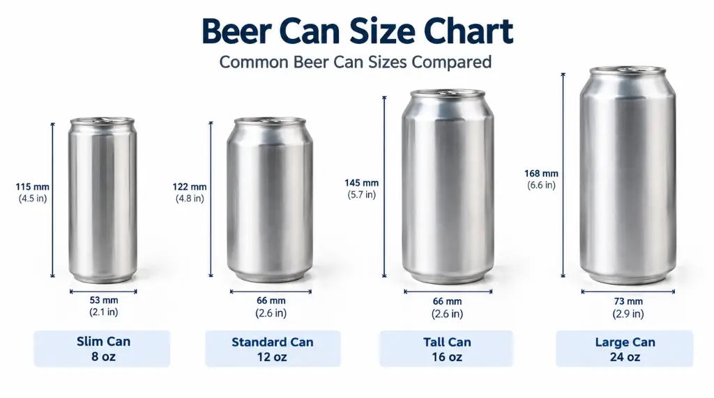 How Tall Is a Beer Can? 3 How Tall Is a Beer Can Size chart comparing 8 oz, 12 oz, 16 oz, and 24 oz cans