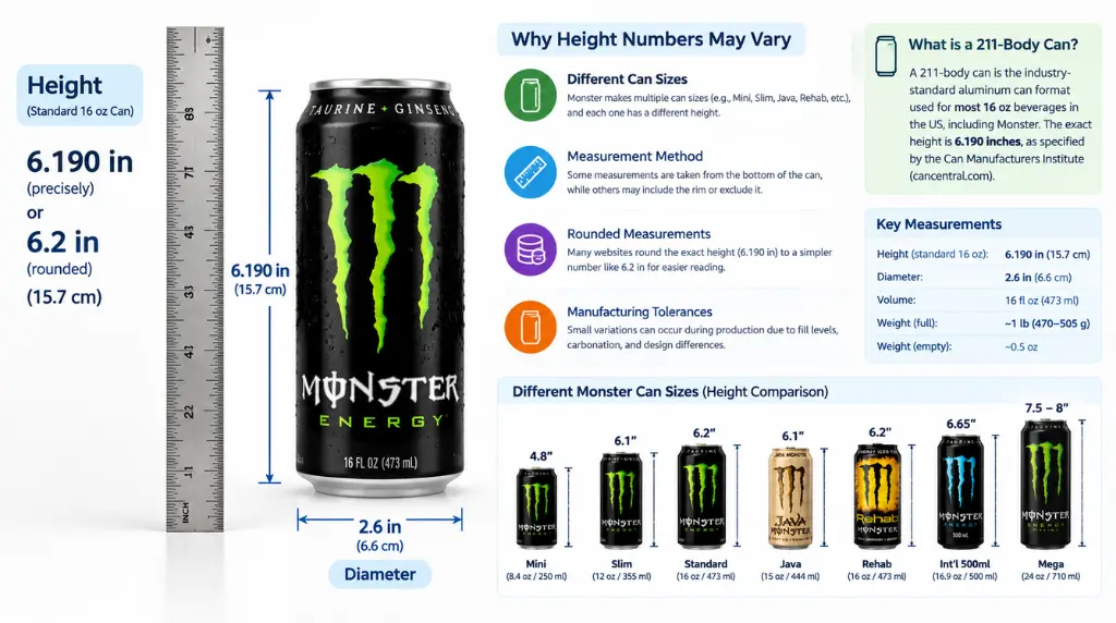 How Tall Is a Monster Can? The Exact Height for Every Size 3 Infographic showing Monster Energy can dimensions, reasons for height variations, and a side-by-side height comparison of different can sizes.
