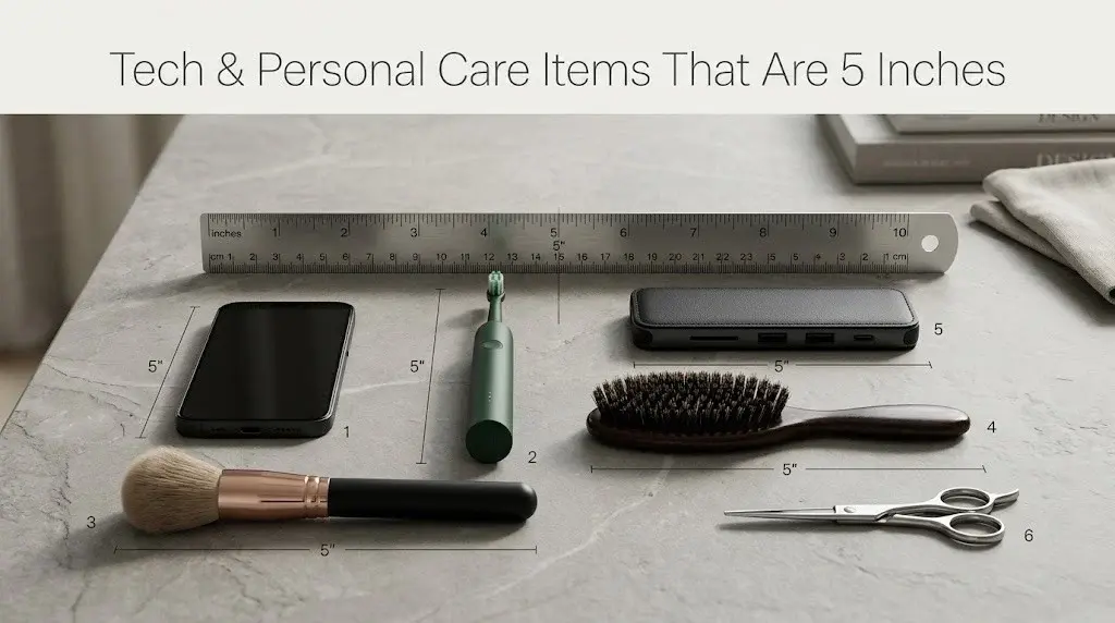 Luxurious editorial shot of tech and personal care items next to a ruler with 5-inch length markers on a stone surface.