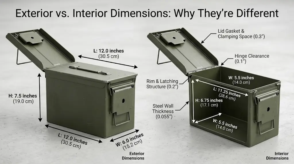 Military Ammo Can Size Chart: Dimensions, Weight & Capacity for Common Sizes 4 Side-by-side comparison of an open olive-drab ammo can showing exterior versus interior dimension measurements.
