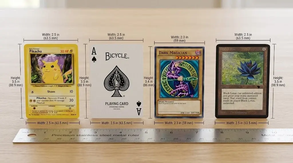 How Big Is a Pokemon Card? (Exact Size, Explained Simply) 3 Standard sized Pokémon trading card size comparison showing precise 2.5 × 3.5 inch measurements next to a ruler, playing card, smartphone, and adult hand on a wooden table. How Big Is a Pokemon Card?
