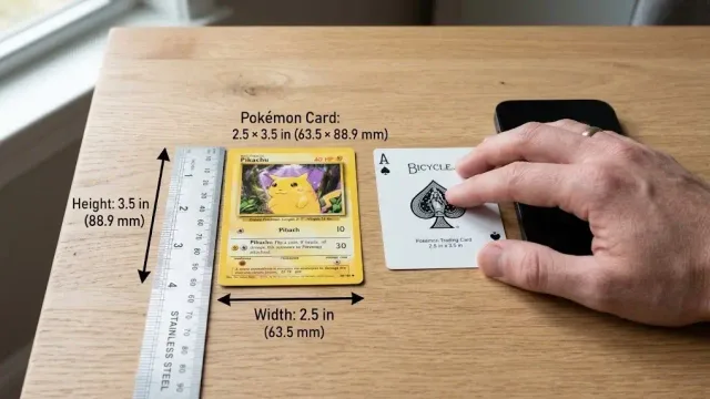 Standard Pokémon trading card size comparison showing precise 2.5 × 3.5 inch measurements next to a ruler, playing card, smartphone, and adult hand on a wooden table.