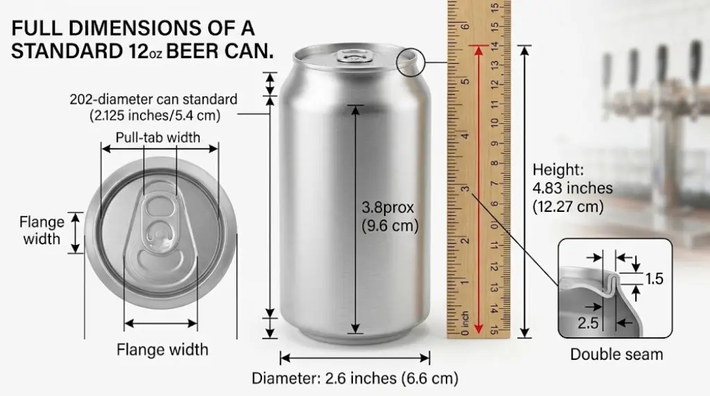 How Tall Is a Beer Can? 2 Technical graphic showing full dimensions of a 12 oz beer can, including height (4.83 in), diameter (2.6 in), and top lid details.