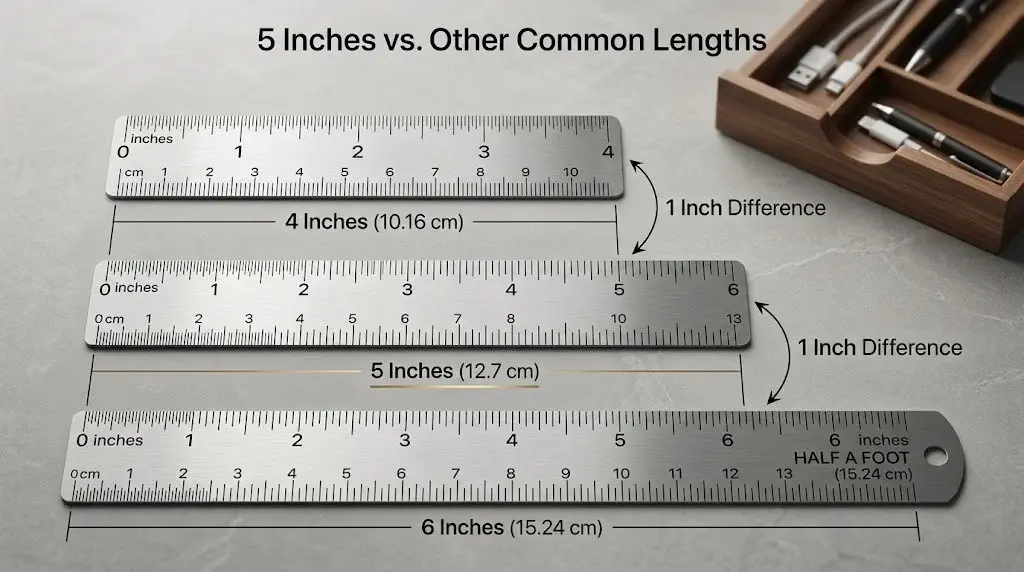 Three aligned stainless steel rulers comparing 4-inch, 5-inch, and 6-inch lengths with labeled 1-inch differences on a stone surface.