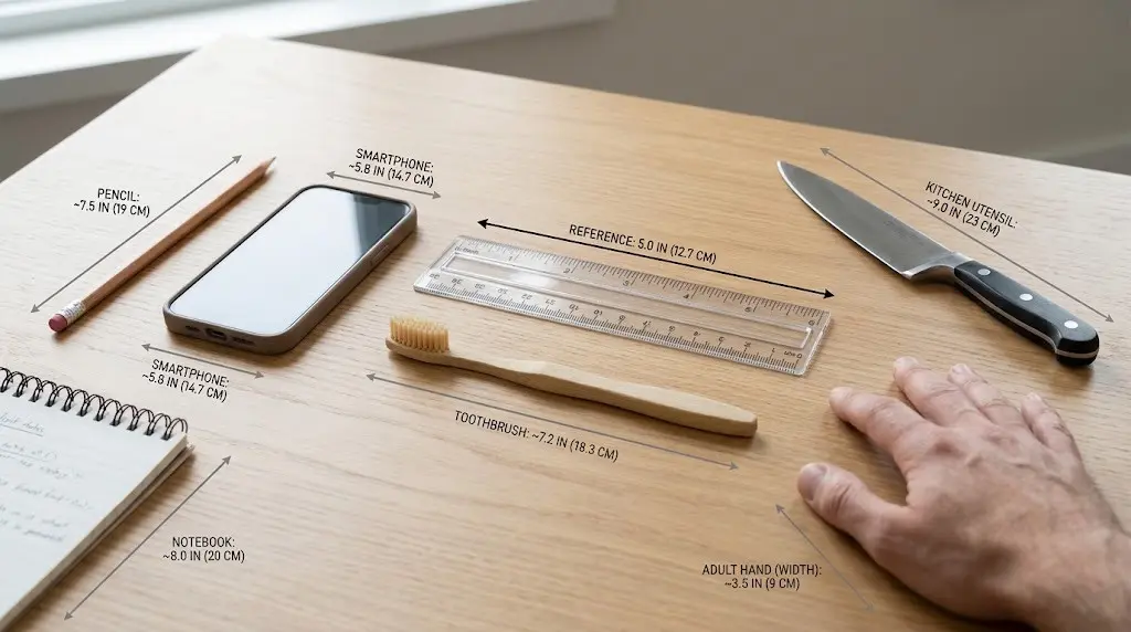 5 inches comparison of everyday objects with precise measurement labels in inches and centimeters on a wooden desk.