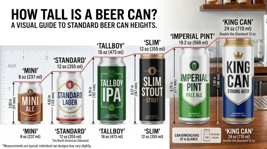Visual guide showing beer can heights, from 8 oz mini cans (3.82 in) to 24 oz king cans (7.40 in).