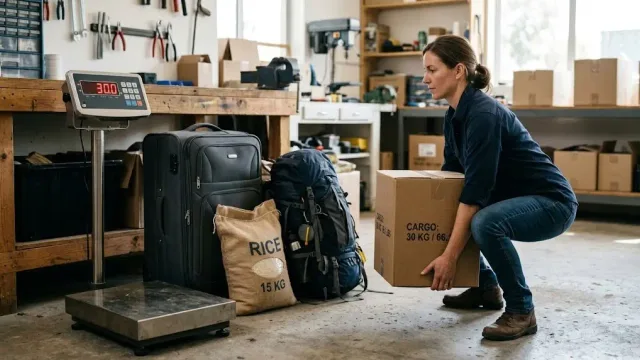 Woman lifting a 30 kg box using proper posture next to a digital scale showing 30.0 kg and comparison items.